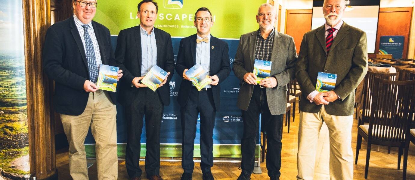 Above: L-R Max Bryant, NIEL CEO, Martin Carey, Landscapes NI Chair, Minister of Agriculture, Environment and Rural Affairs, Andrew Muir MLA, Mike McClure, Landscapes NI Development Manager & Stephen Aston, NIEL Chairperson.